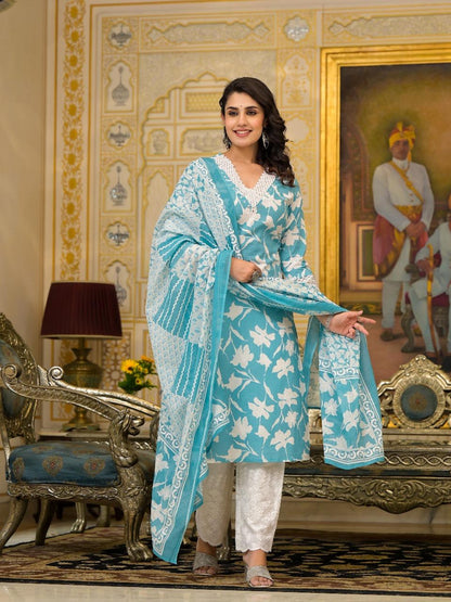 Blue Fansaty V-neck Cotton Dupatta Suit