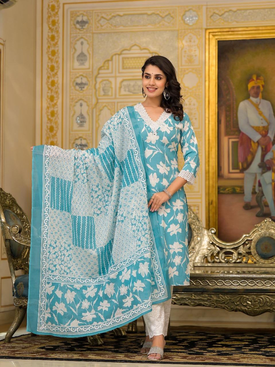 Blue Fansaty V-neck Cotton Dupatta Suit