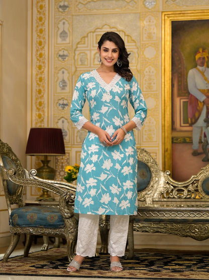 Blue Fansaty V-neck Cotton Dupatta Suit