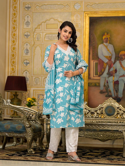 Blue Fansaty V-neck Cotton Dupatta Suit