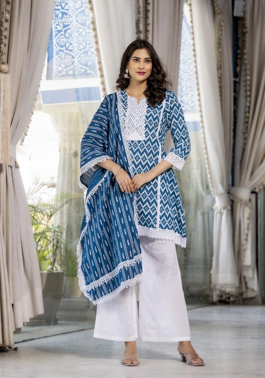 Blue Ikkat Print Short Dupatta Set