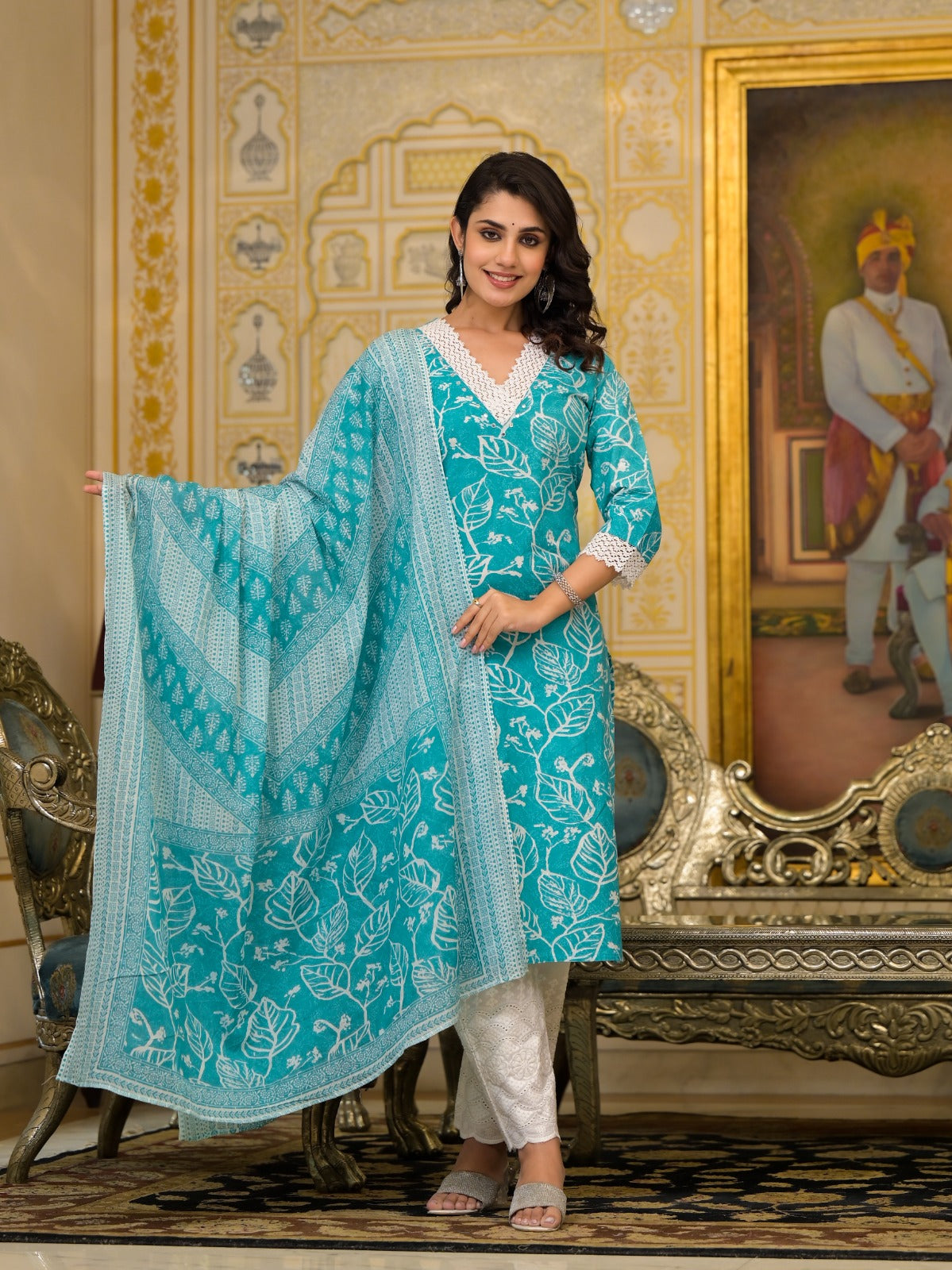 Aqua Leaf Delight Cotton Dupatta Suit