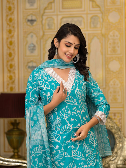 Aqua Leaf Delight Cotton Dupatta Suit