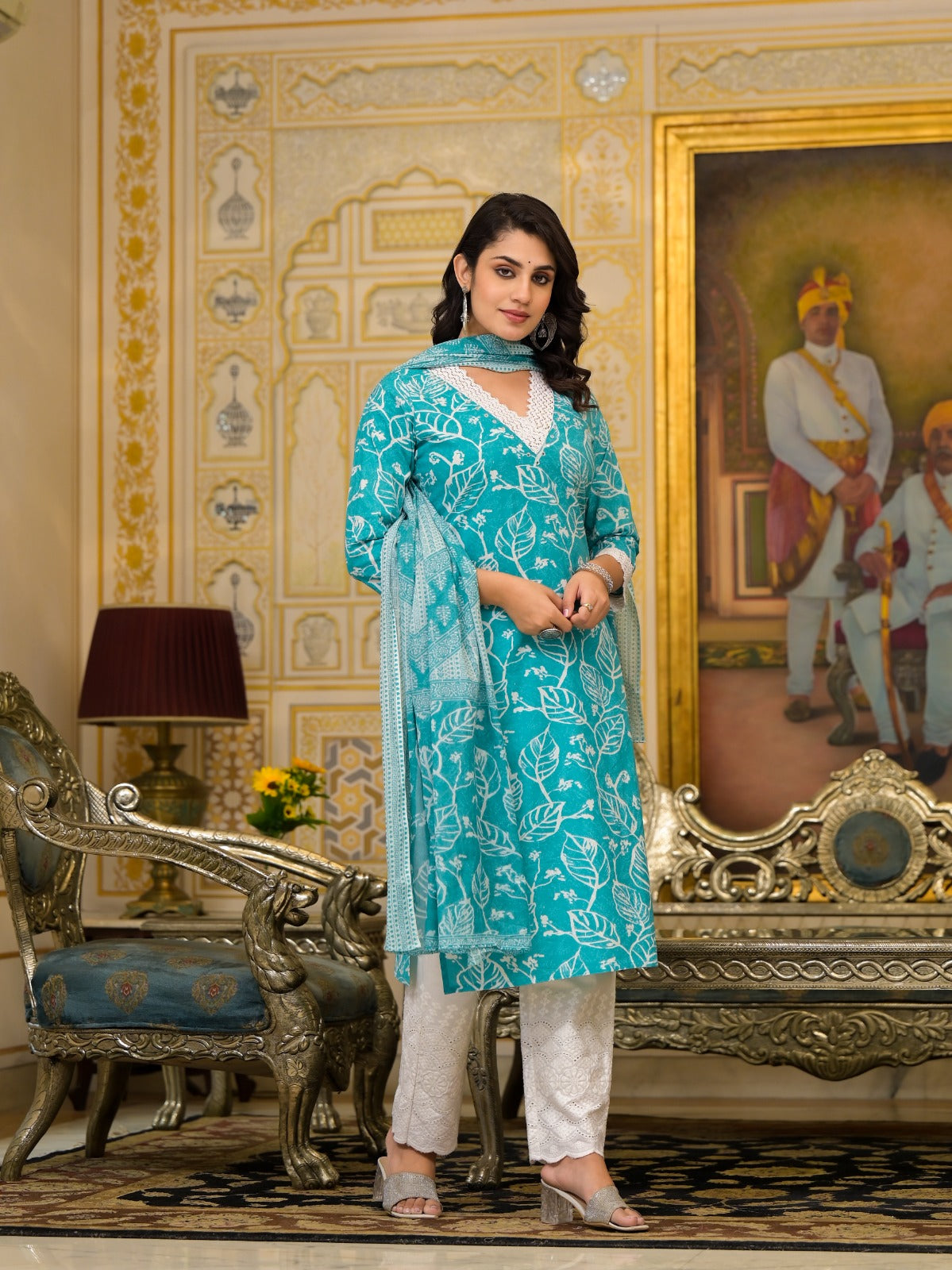 Aqua Leaf Delight Cotton Dupatta Suit