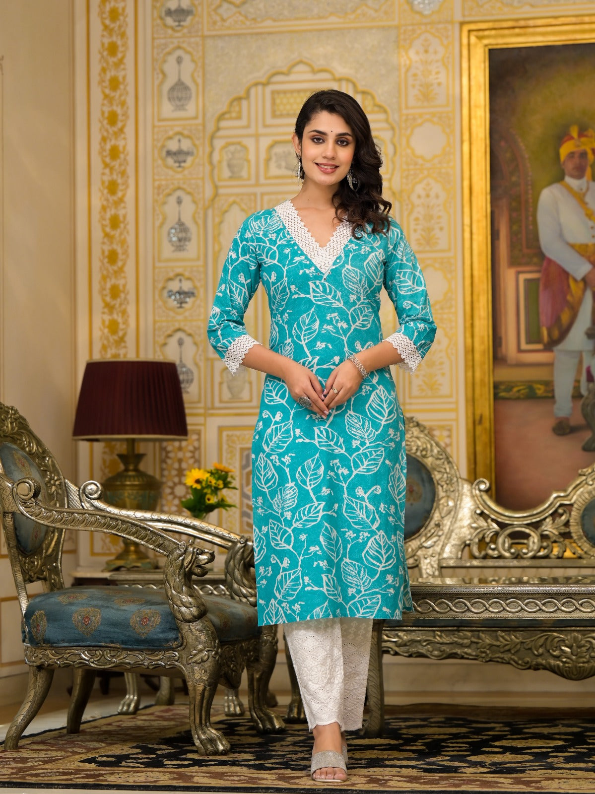 Aqua Leaf Delight Cotton Dupatta Suit