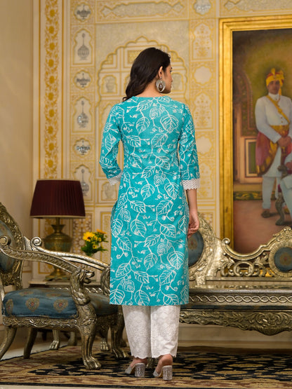 Aqua Leaf Delight Cotton Dupatta Suit