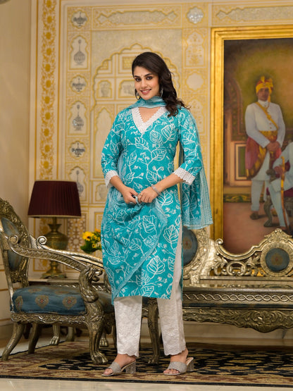 Aqua Leaf Delight Cotton Dupatta Suit