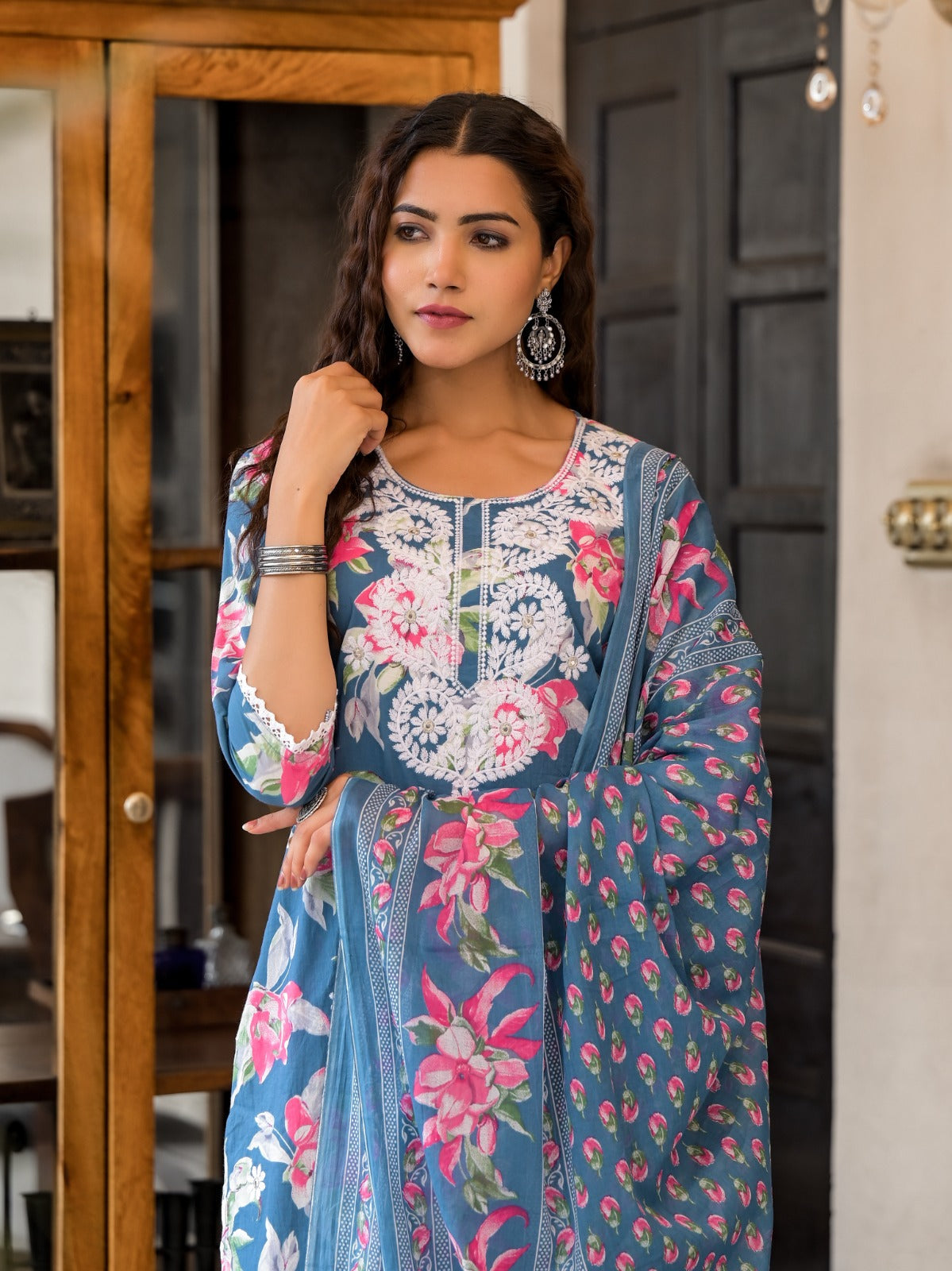 Blue Floral Fantasy Embroidery Cotton Suit