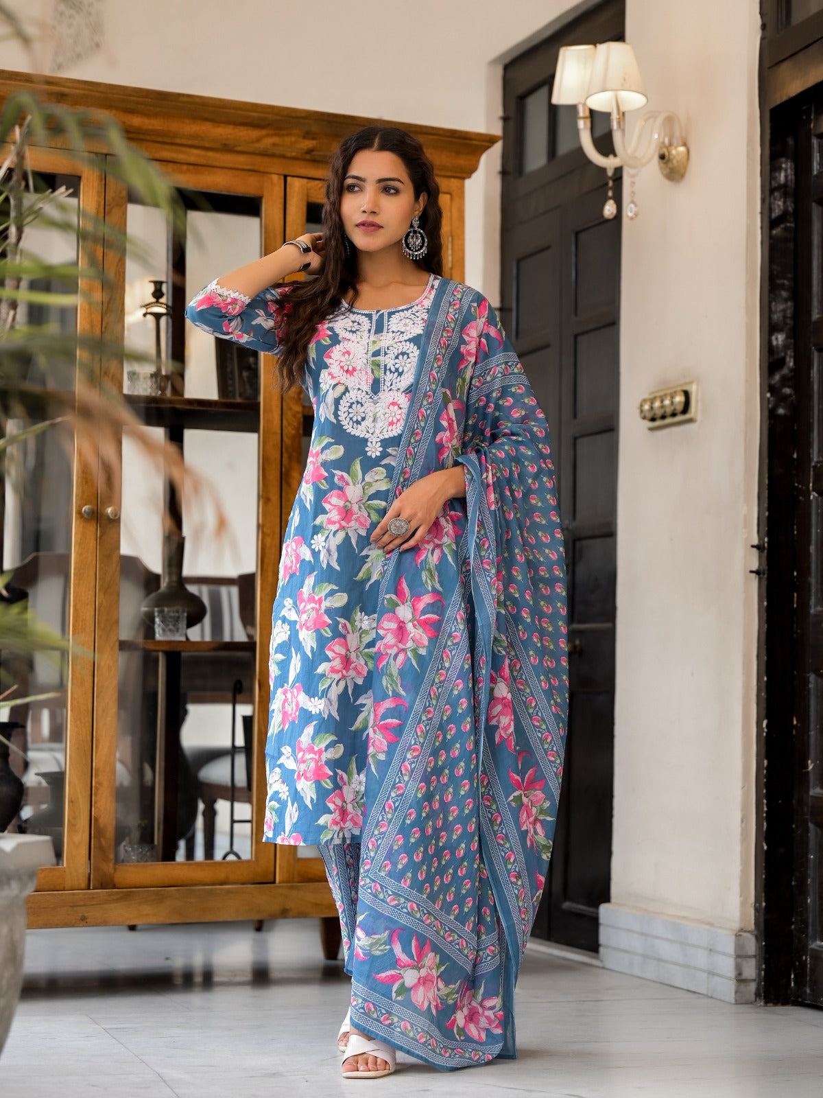 Blue Floral Fantasy Embroidery Cotton Suit