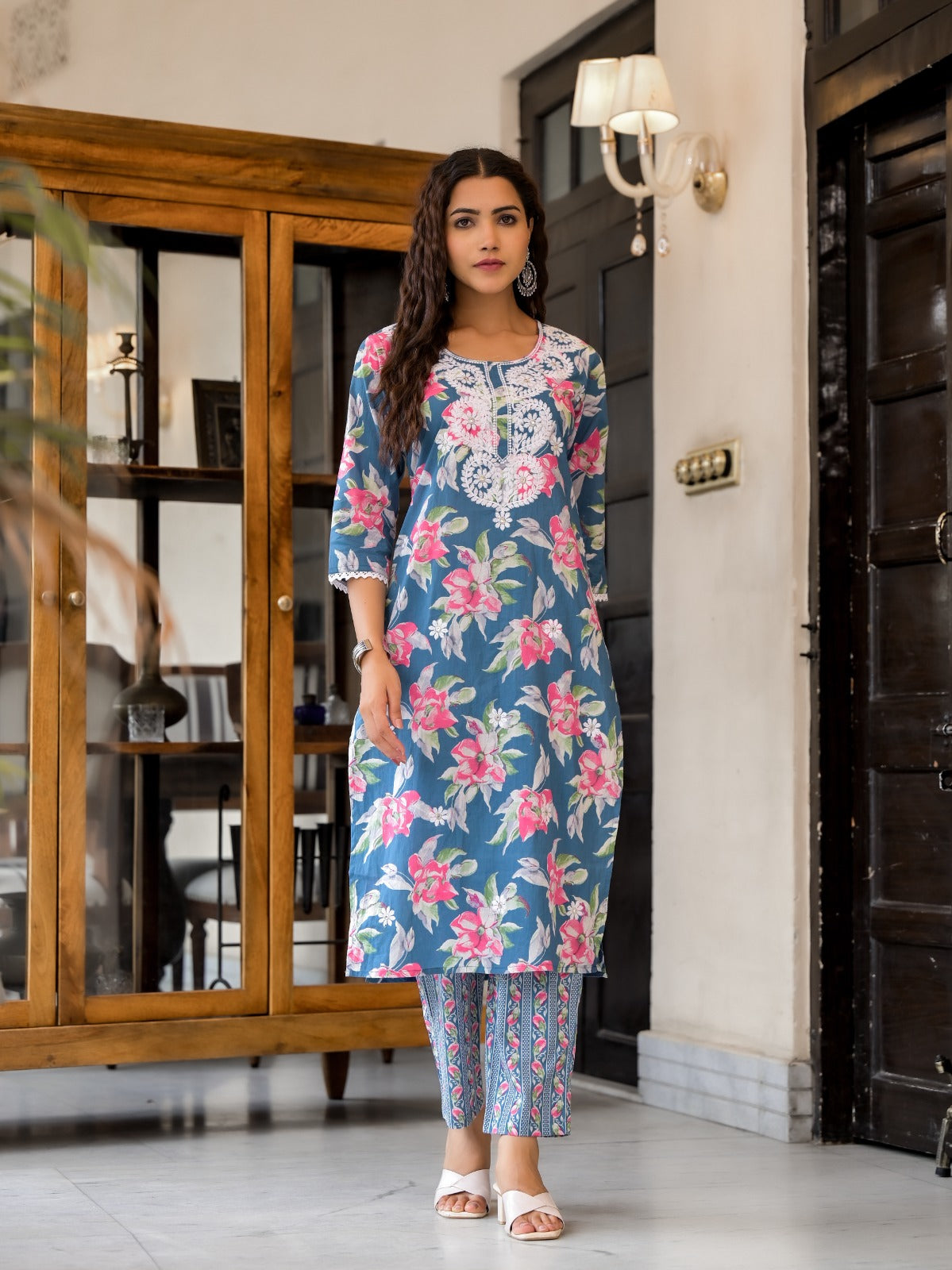 Blue Floral Fantasy Embroidery Cotton Suit