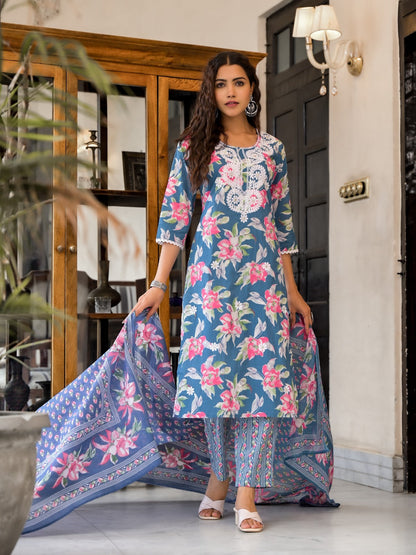 Blue Floral Fantasy Embroidery Cotton Suit