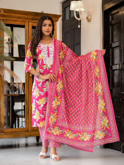 Pink Floral Fantasy Embroidery Cotton Suit