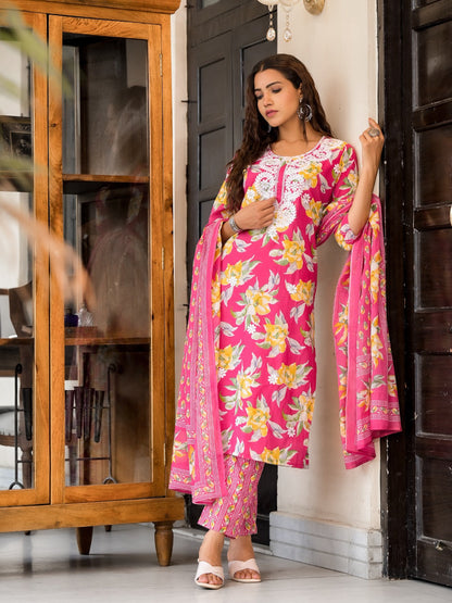 Pink Floral Fantasy Embroidery Cotton Suit