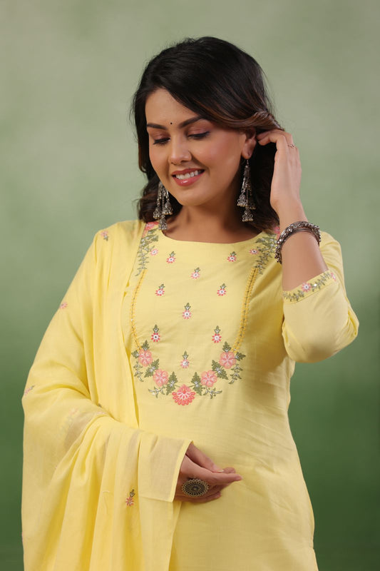 Bright Yellow Thread Work Embroidery Suit