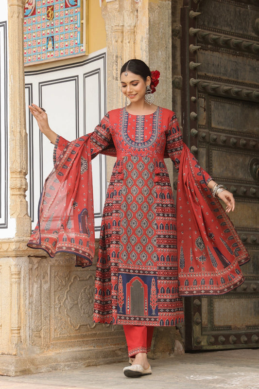 Ehtnic Red Ajrakh A-line Cotton Embroidery Suit