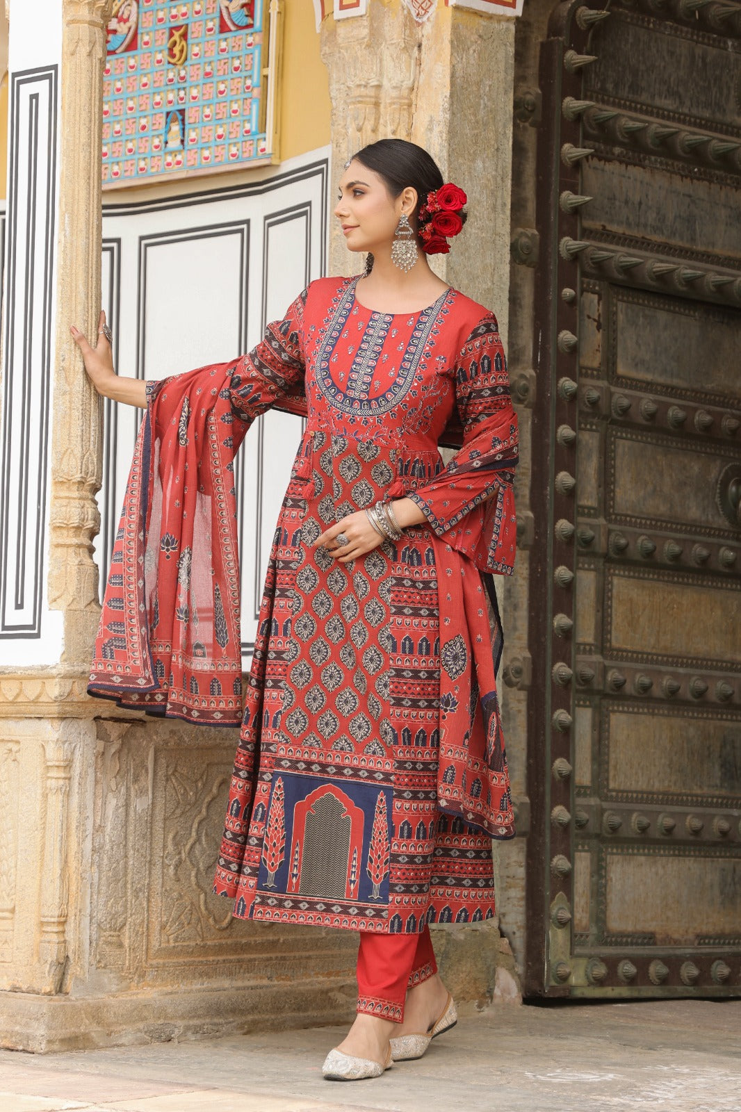 Ehtnic Red Ajrakh A-line Cotton Embroidery Suit