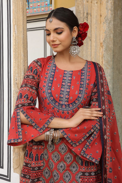 Ehtnic Red Ajrakh A-line Cotton Embroidery Suit