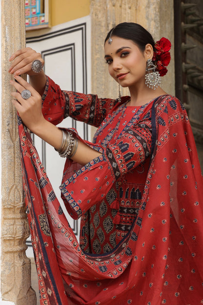 Ehtnic Red Ajrakh A-line Cotton Embroidery Suit