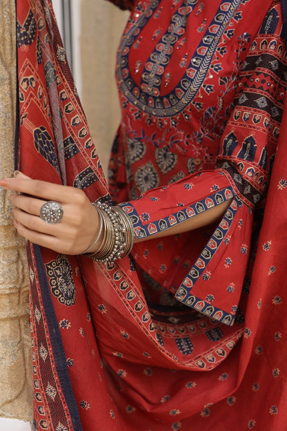 Ehtnic Red Ajrakh A-line Cotton Embroidery Suit