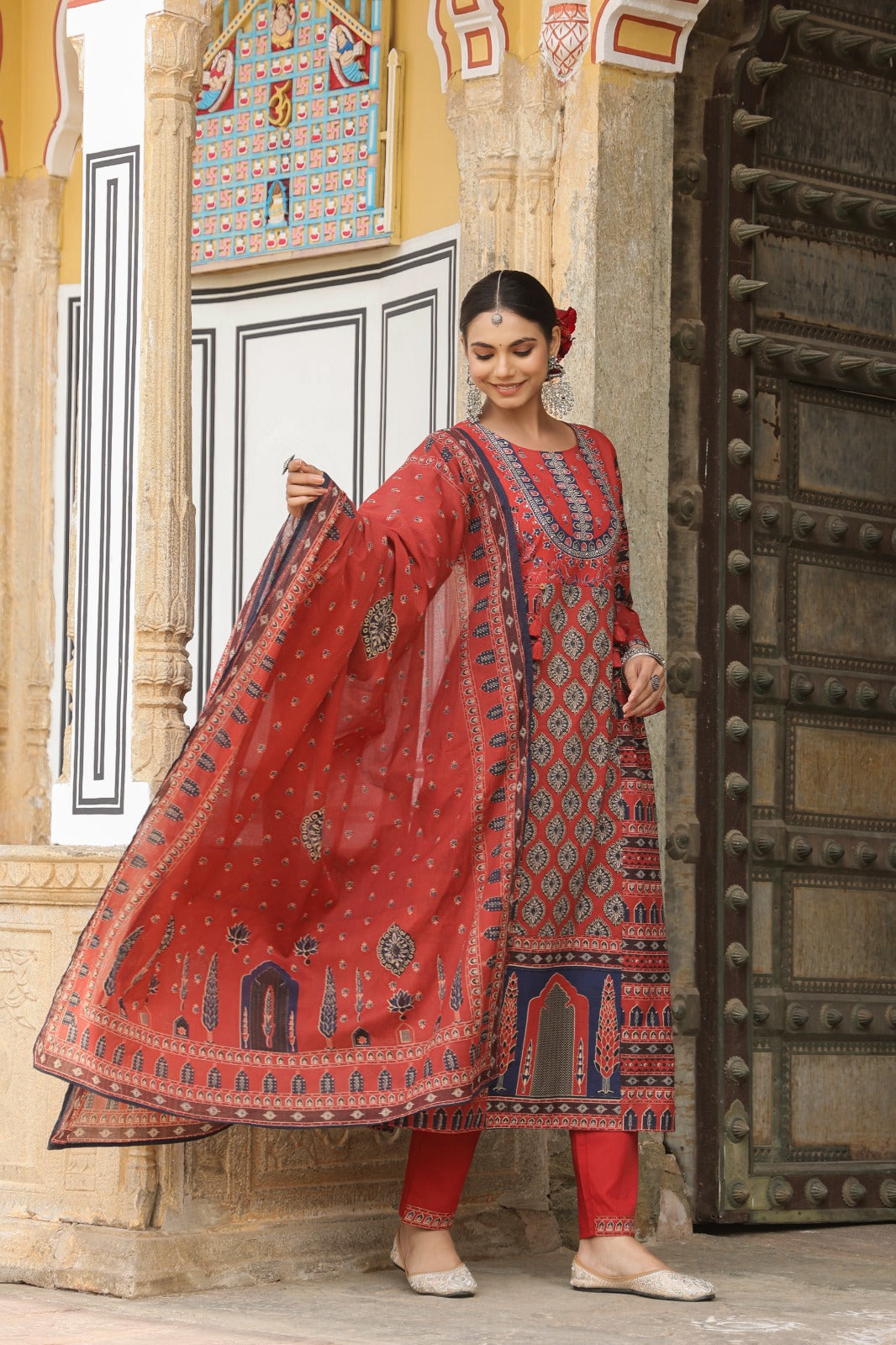 Ehtnic Red Ajrakh A-line Cotton Embroidery Suit