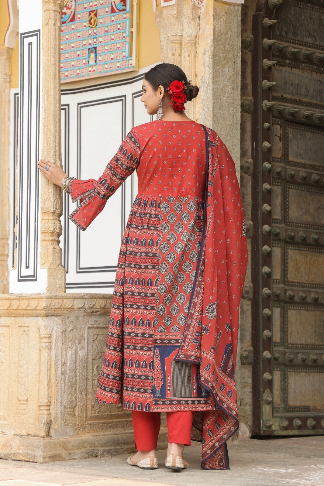 Ehtnic Red Ajrakh A-line Cotton Embroidery Suit