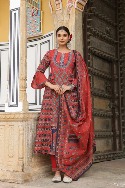 Ehtnic Red Ajrakh A-line Cotton Embroidery Suit