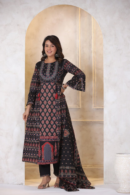 Ethnic Regal Black A-line Cotton Embroidery Suit