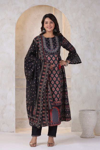 Ethnic Regal Black A-line Cotton Embroidery Suit