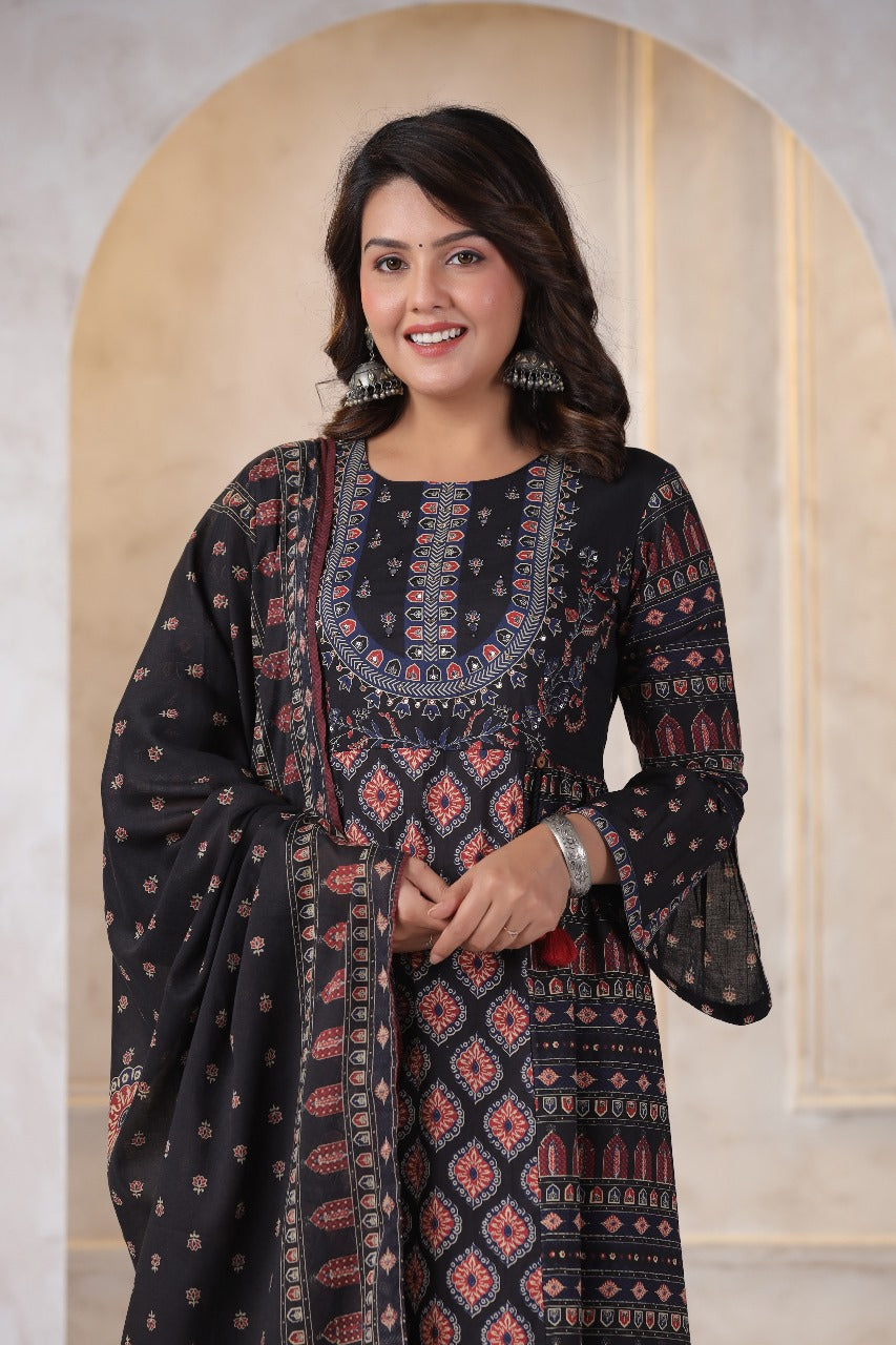 Ethnic Regal Black A-line Cotton Embroidery Suit