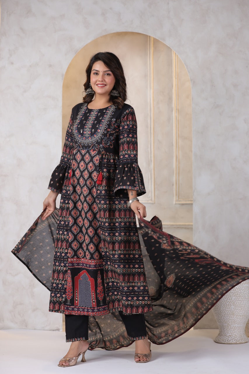 Ethnic Regal Black A-line Cotton Embroidery Suit