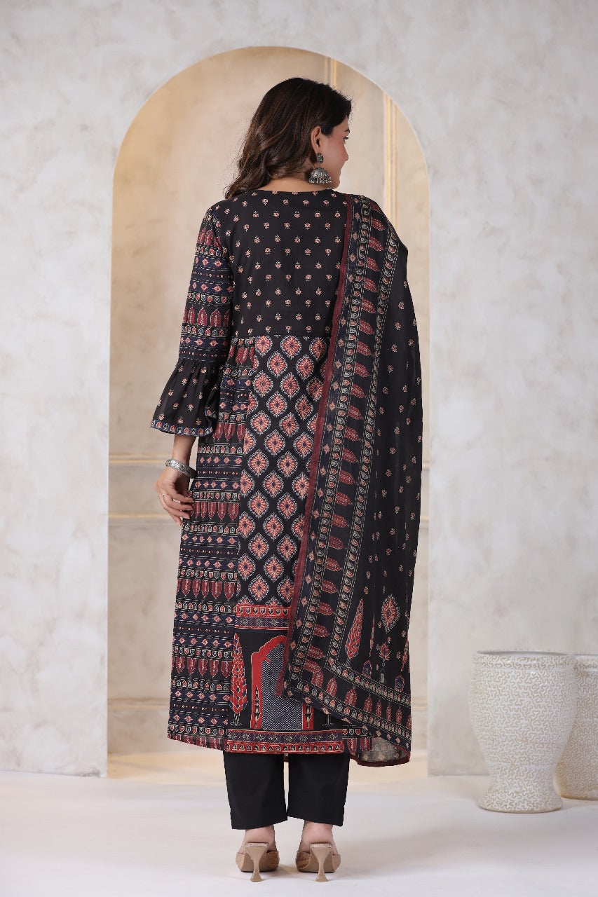 Ethnic Regal Black A-line Cotton Embroidery Suit