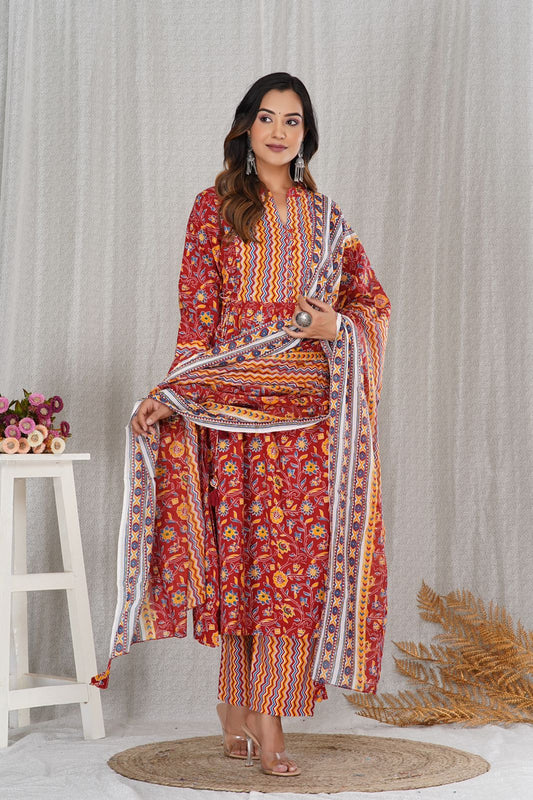 Rustic Floral Elegance A-line Cotton Embroidery Suit