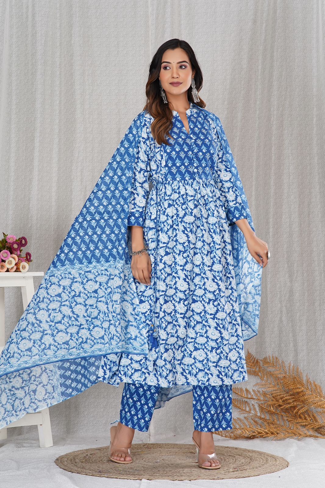 Blue White Delight A-line Cotton Embroidery Suit