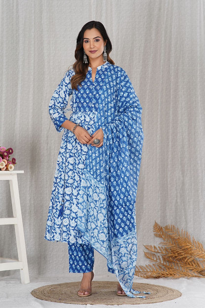 Blue White Delight A-line Cotton Embroidery Suit