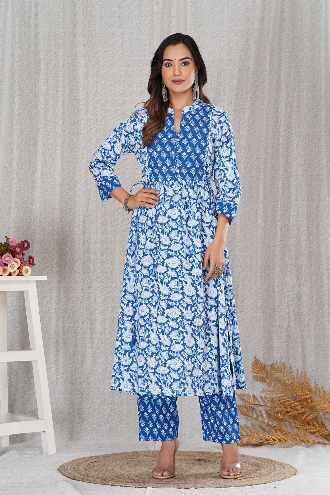 Blue White Delight A-line Cotton Embroidery Suit