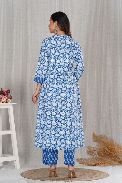 Blue White Delight A-line Cotton Embroidery Suit