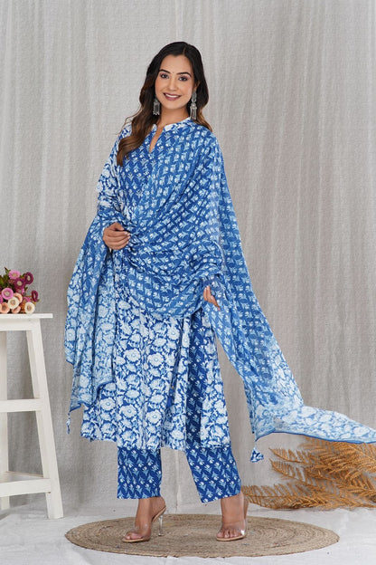 Blue White Delight A-line Cotton Embroidery Suit