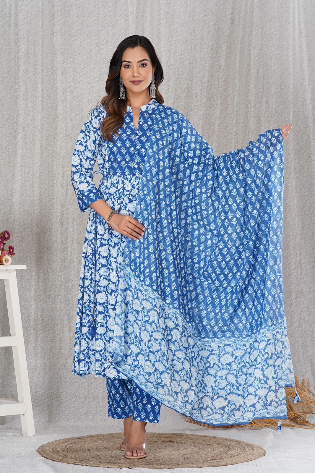 Blue White Delight A-line Cotton Embroidery Suit