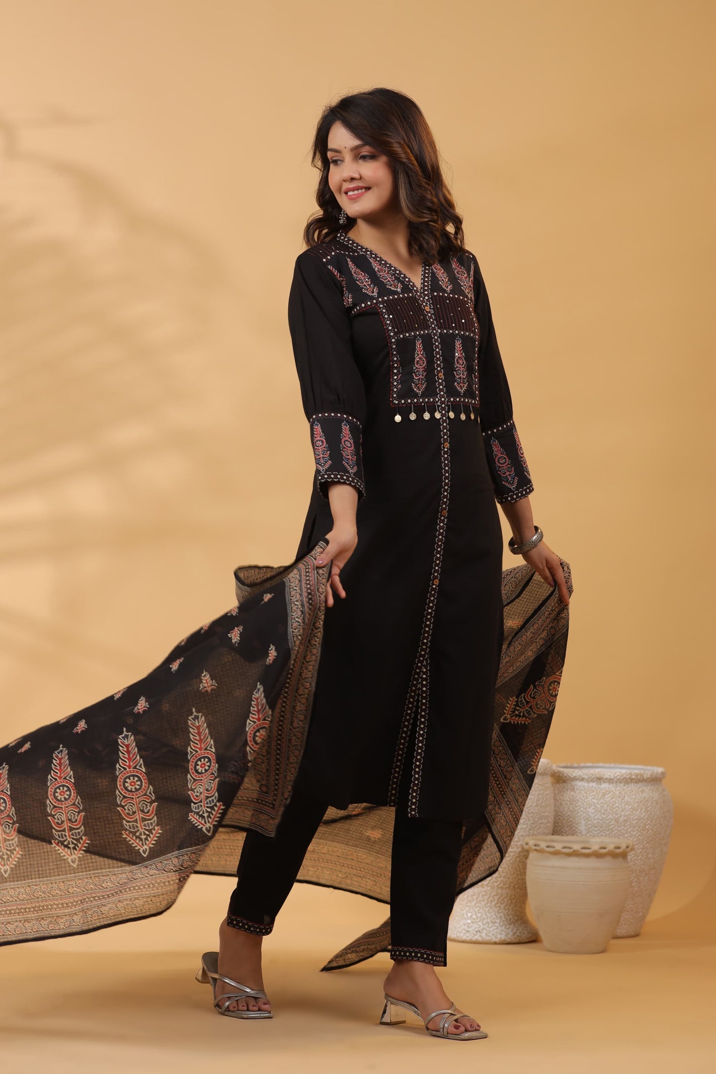 Black Elegance Thread Embroidery Cotton Suit