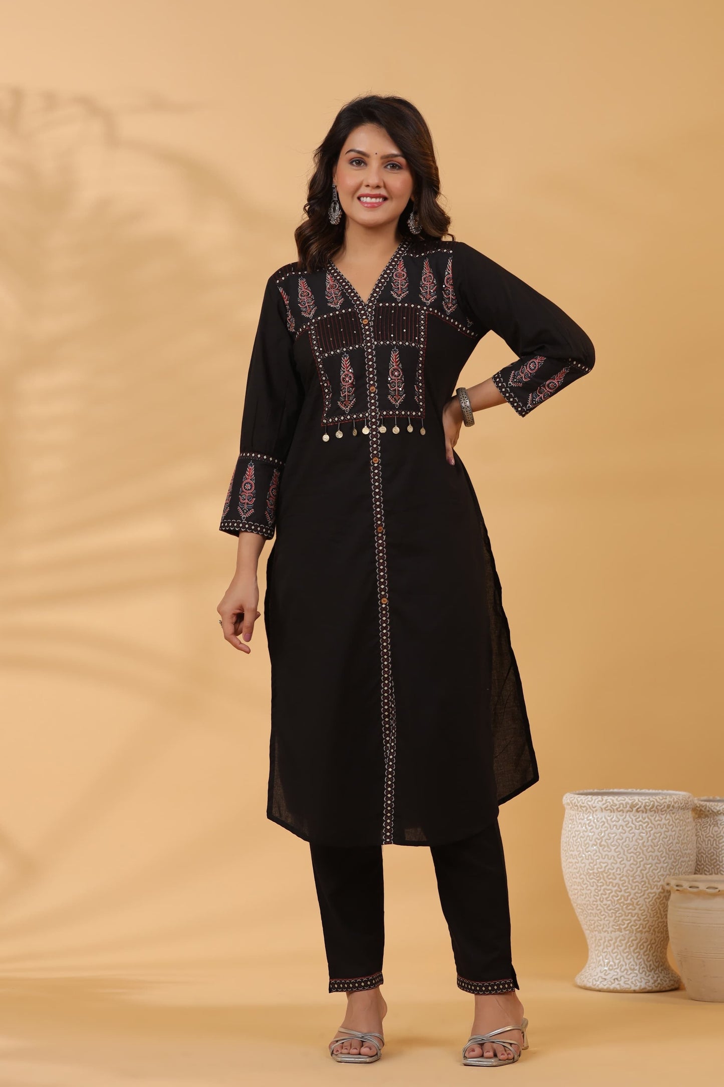 Black Elegance Thread Embroidery Cotton Suit