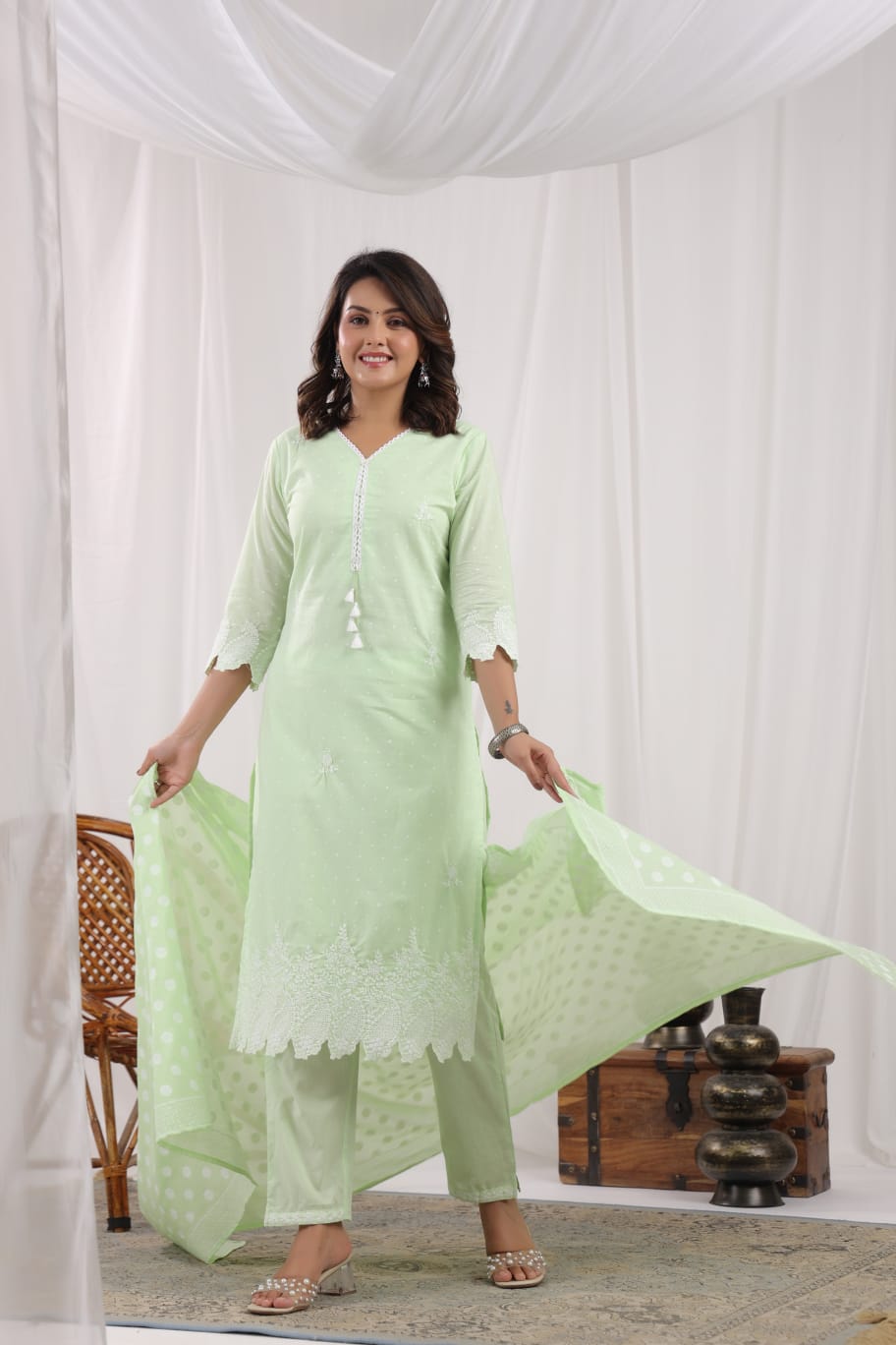 Pista Green Polka Embroidery Suit