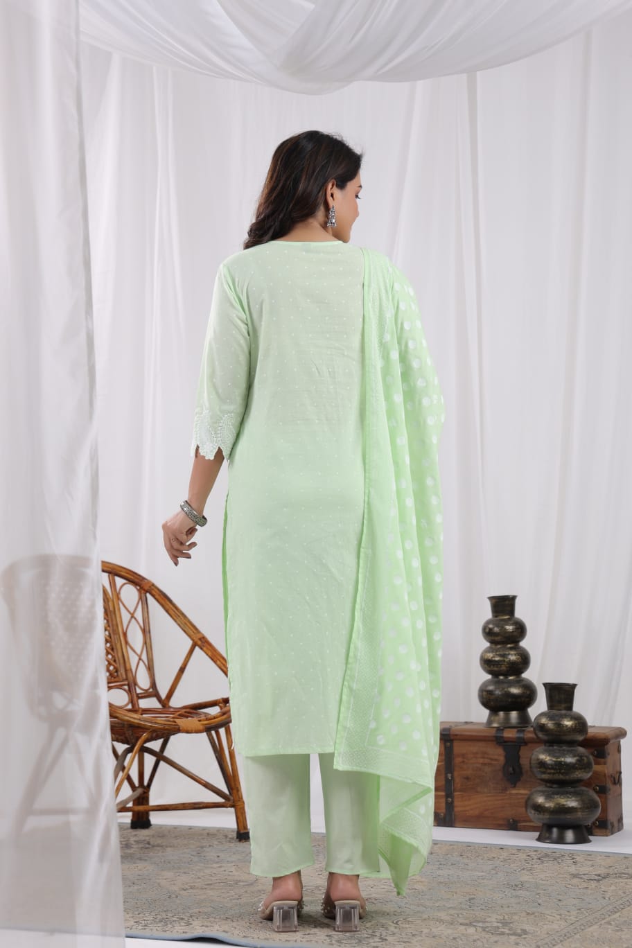 Pista Green Polka Embroidery Suit