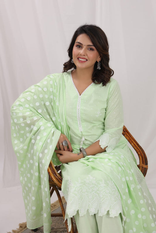 Pista Green Polka Embroidery Suit