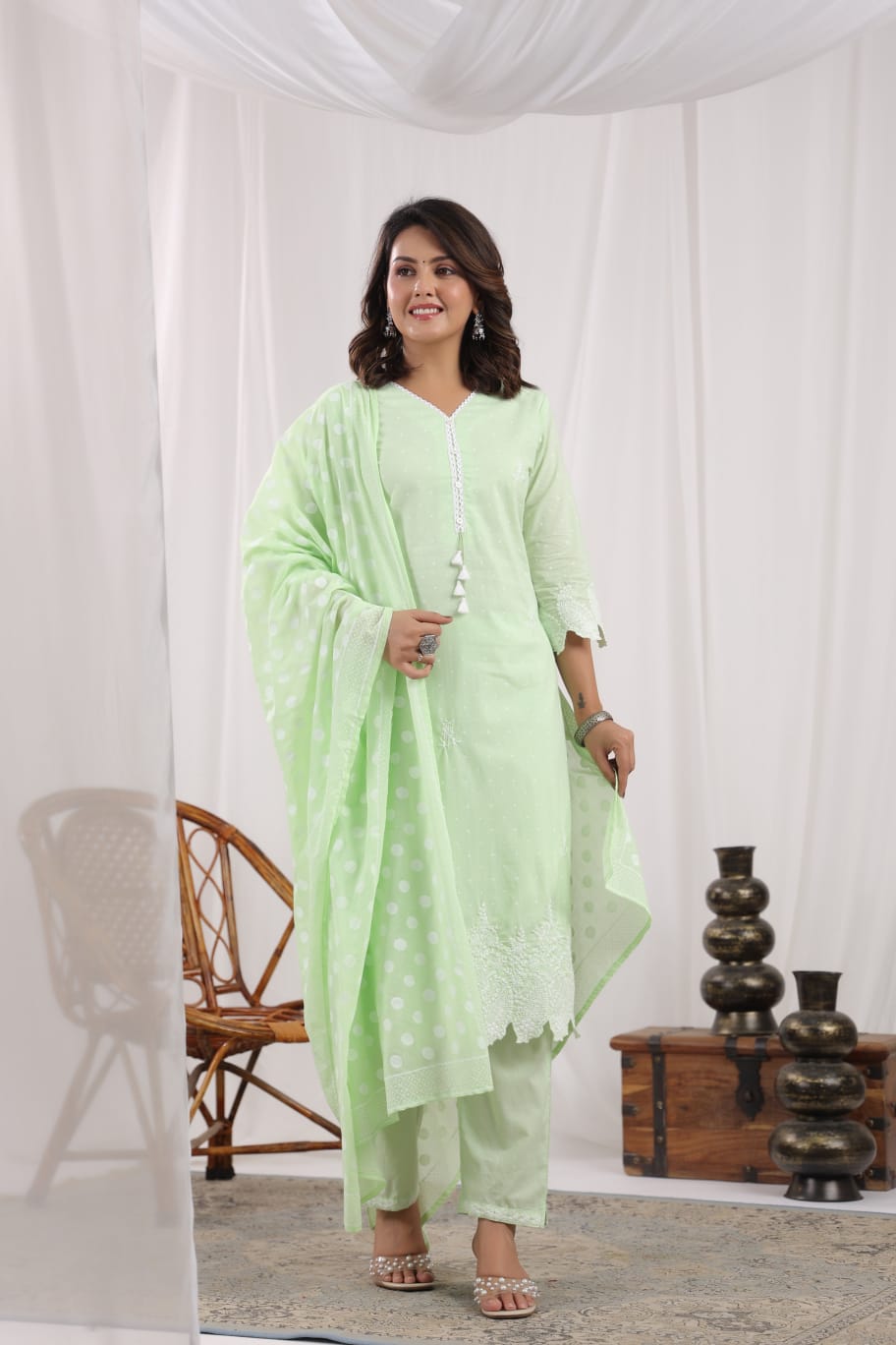 Pista Green Polka Embroidery Suit