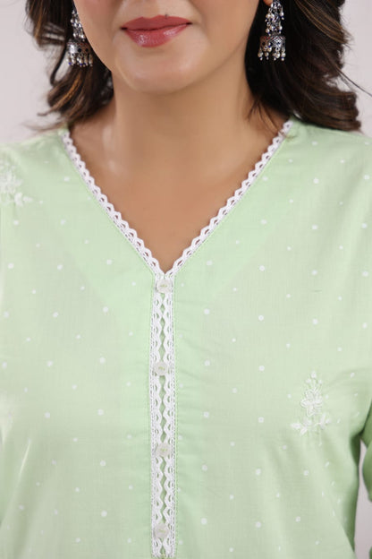 Pista Green Polka Embroidery Suit