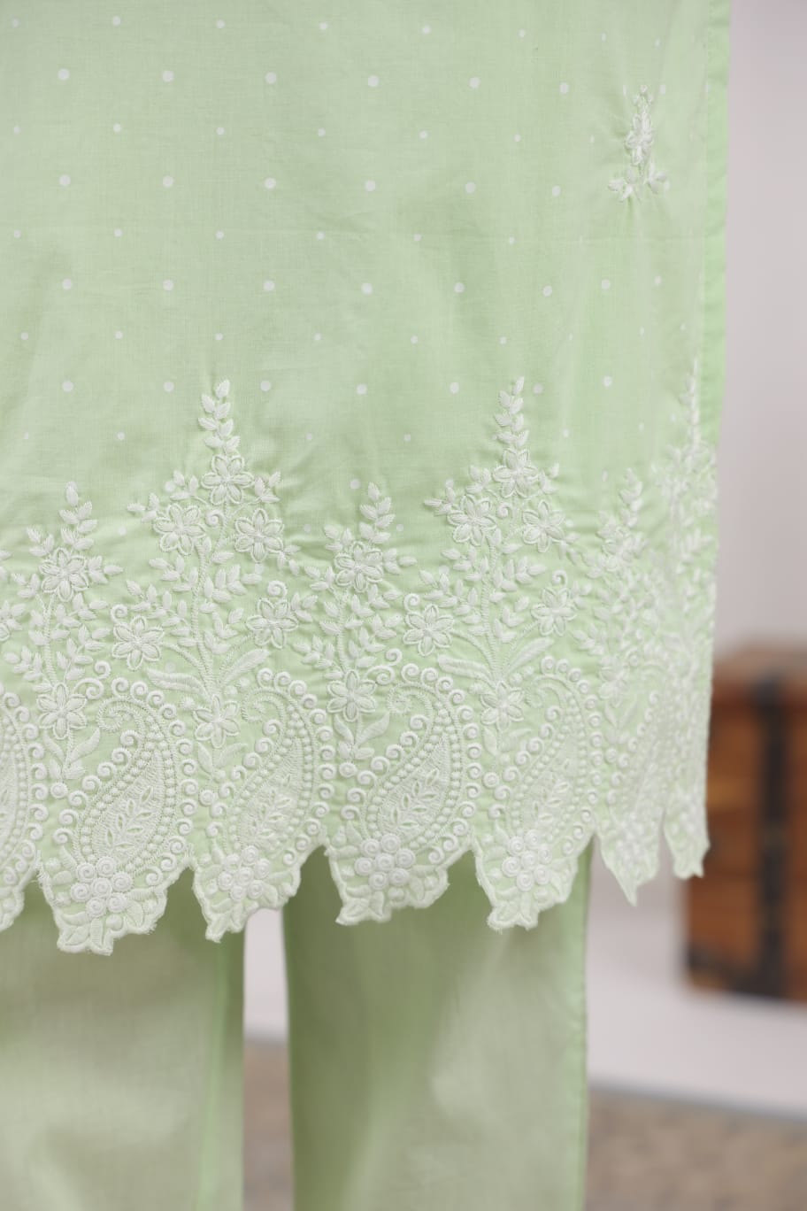 Pista Green Polka Embroidery Suit