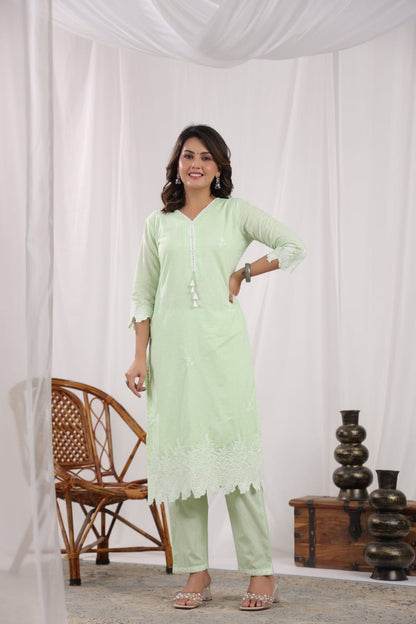 Pista Green Polka Embroidery Suit