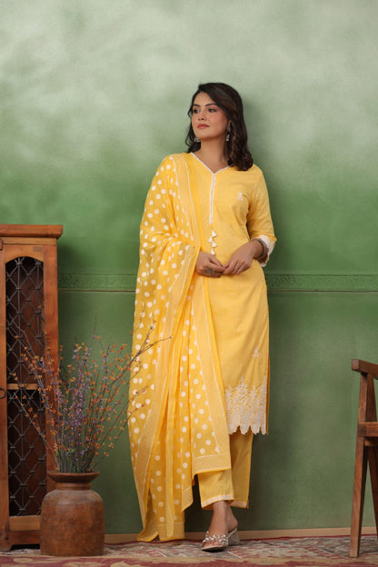 Sunshine Yellow Polka Embroidery Suit