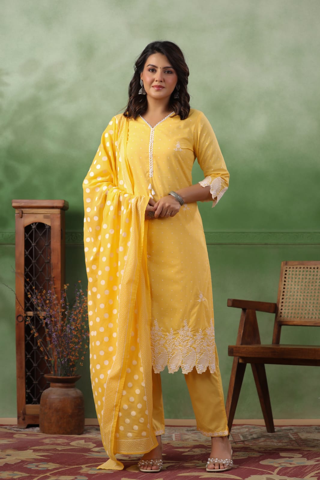 Sunshine Yellow Polka Embroidery Suit