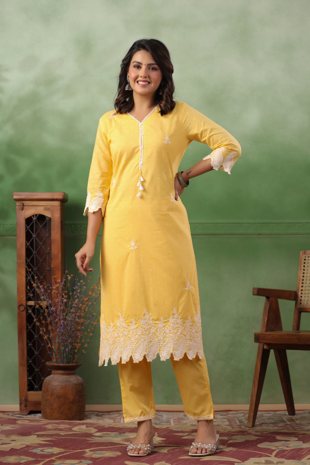 Sunshine Yellow Polka Embroidery Suit